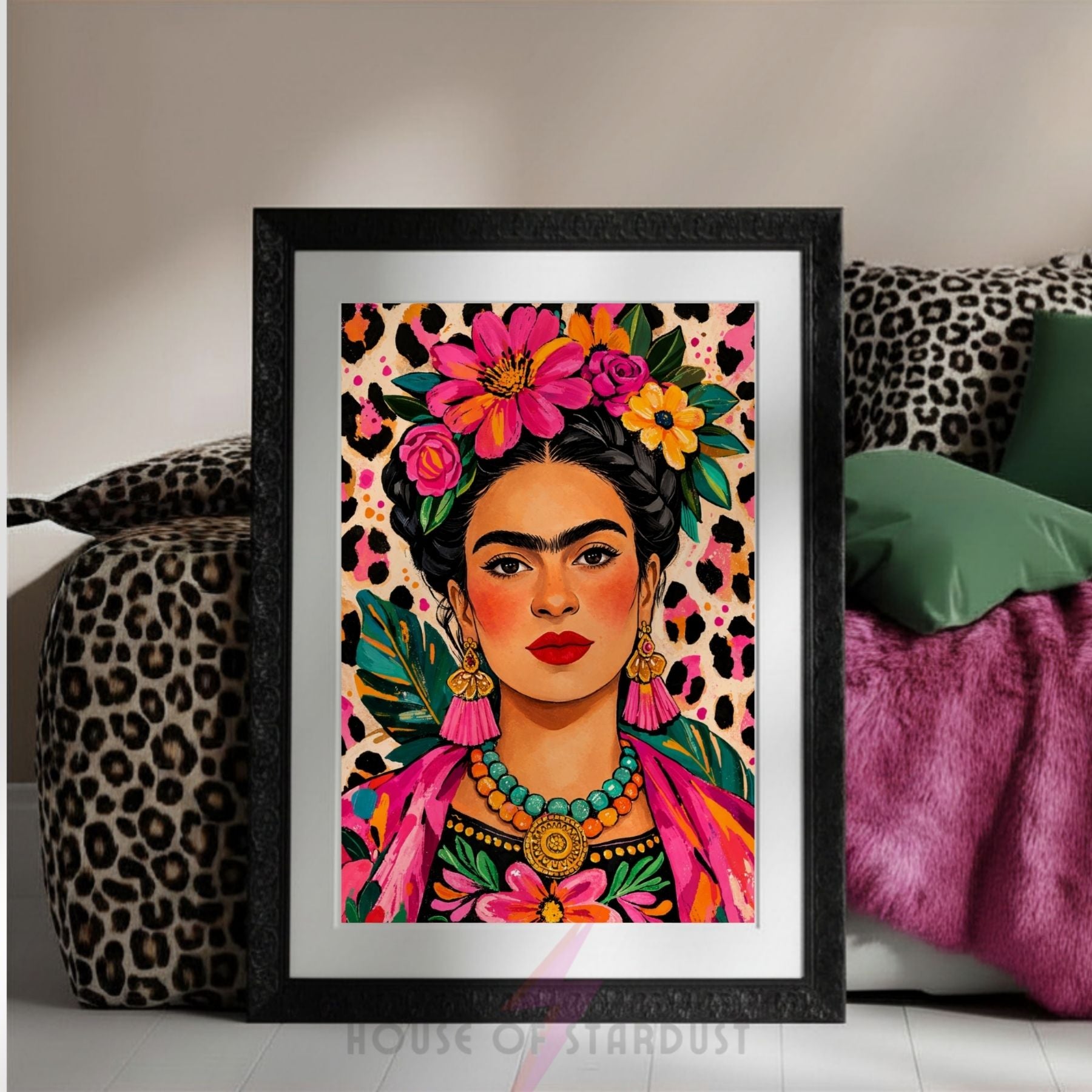 Frida Kahlo Art Print | Colourful Leopard Wall Decor | Bold Feminine Portrait | Maximalist Decor A4 A3 A5 A1 A2