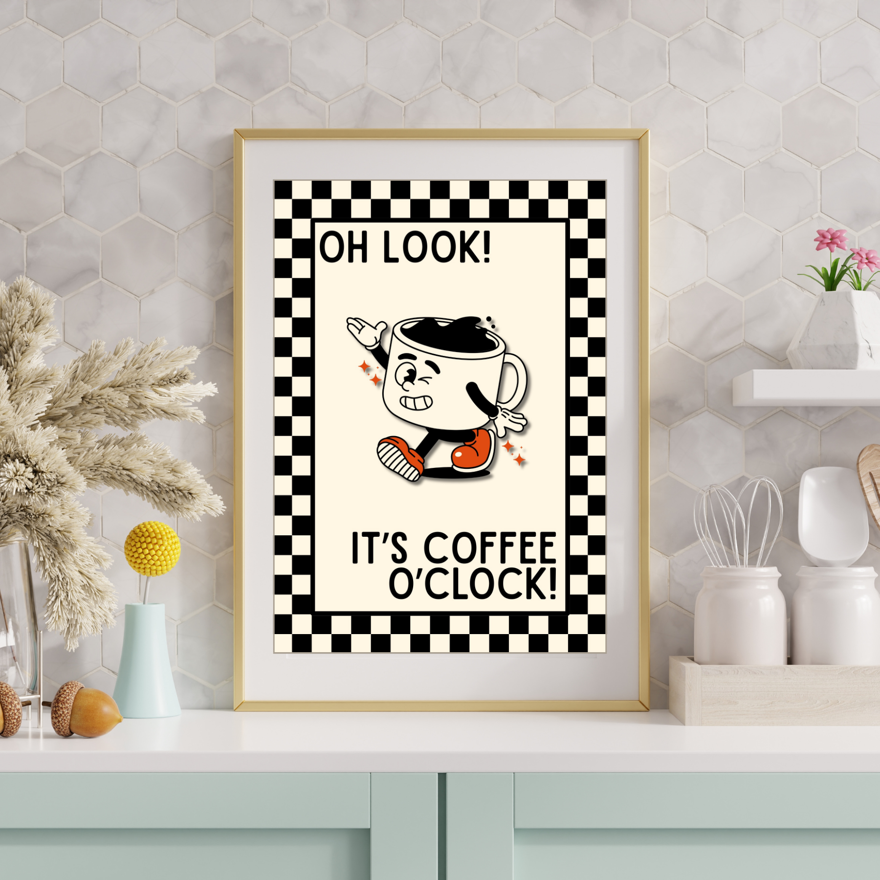 Coffee o'clock| Kitsch Kitchen checkerboard retro collection print