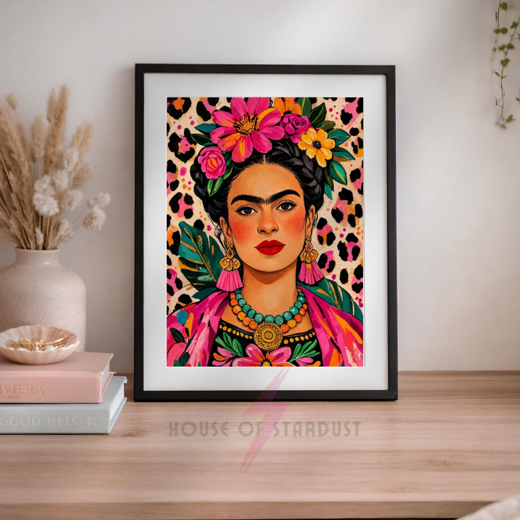 Frida Kahlo Art Print | Colourful Leopard Wall Decor | Bold Feminine Portrait | Maximalist Decor A4 A3 A5 A1 A2
