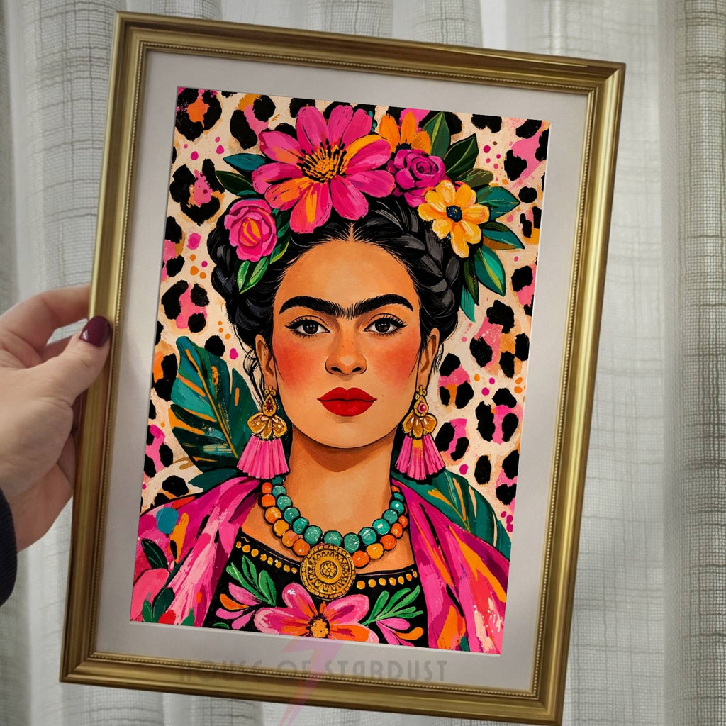 Frida Kahlo Art Print | Colourful Leopard Wall Decor | Bold Feminine Portrait | Maximalist Decor A4 A3 A5 A1 A2