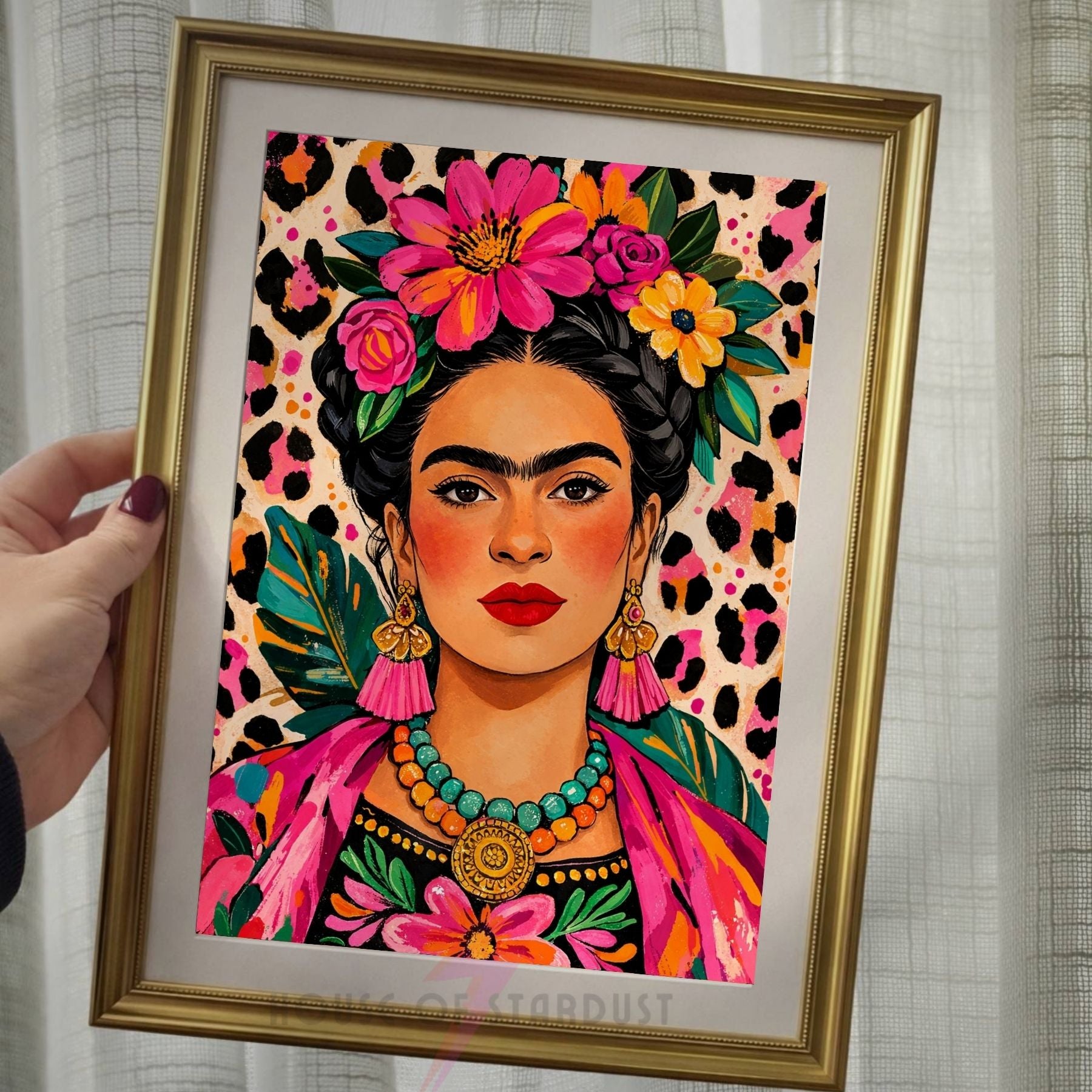 Frida Kahlo Art Print | Colourful Leopard Wall Decor | Bold Feminine Portrait | Maximalist Decor A4 A3 A5 A1 A2