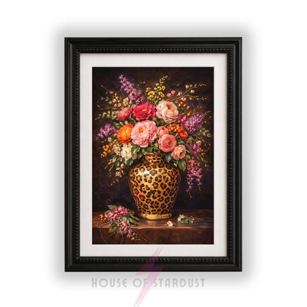Luxury Leopard Print dark Floral Vase Wall Art – Vibrant Home Décor Poster | Maximalist A4 A3 A5 A1 A2