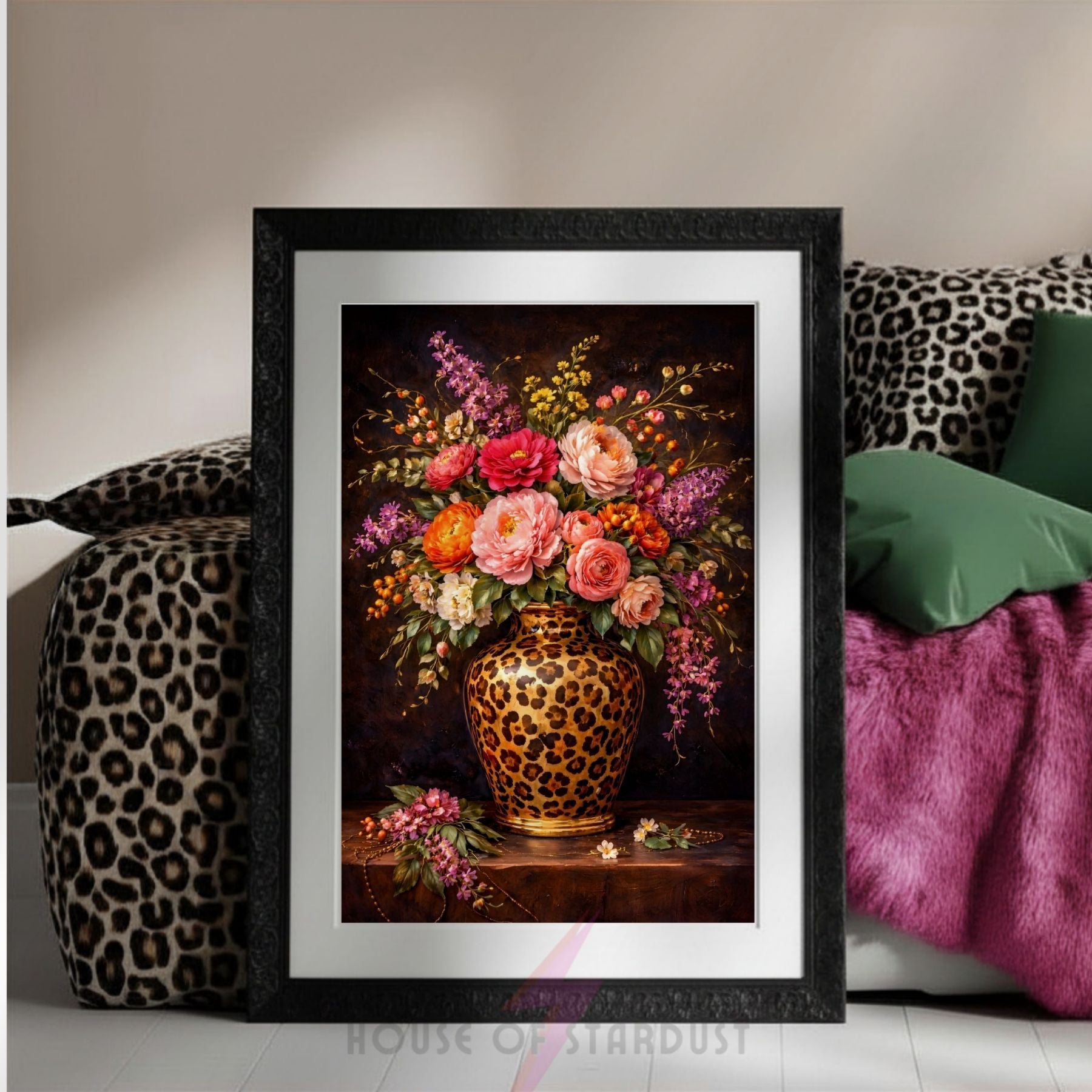Luxury Leopard Print dark Floral Vase Wall Art – Vibrant Home Décor Poster | Maximalist A4 A3 A5 A1 A2