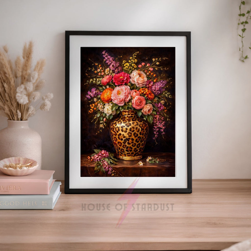 Luxury Leopard Print dark Floral Vase Wall Art – Vibrant Home Décor Poster | Maximalist A4 A3 A5 A1 A2