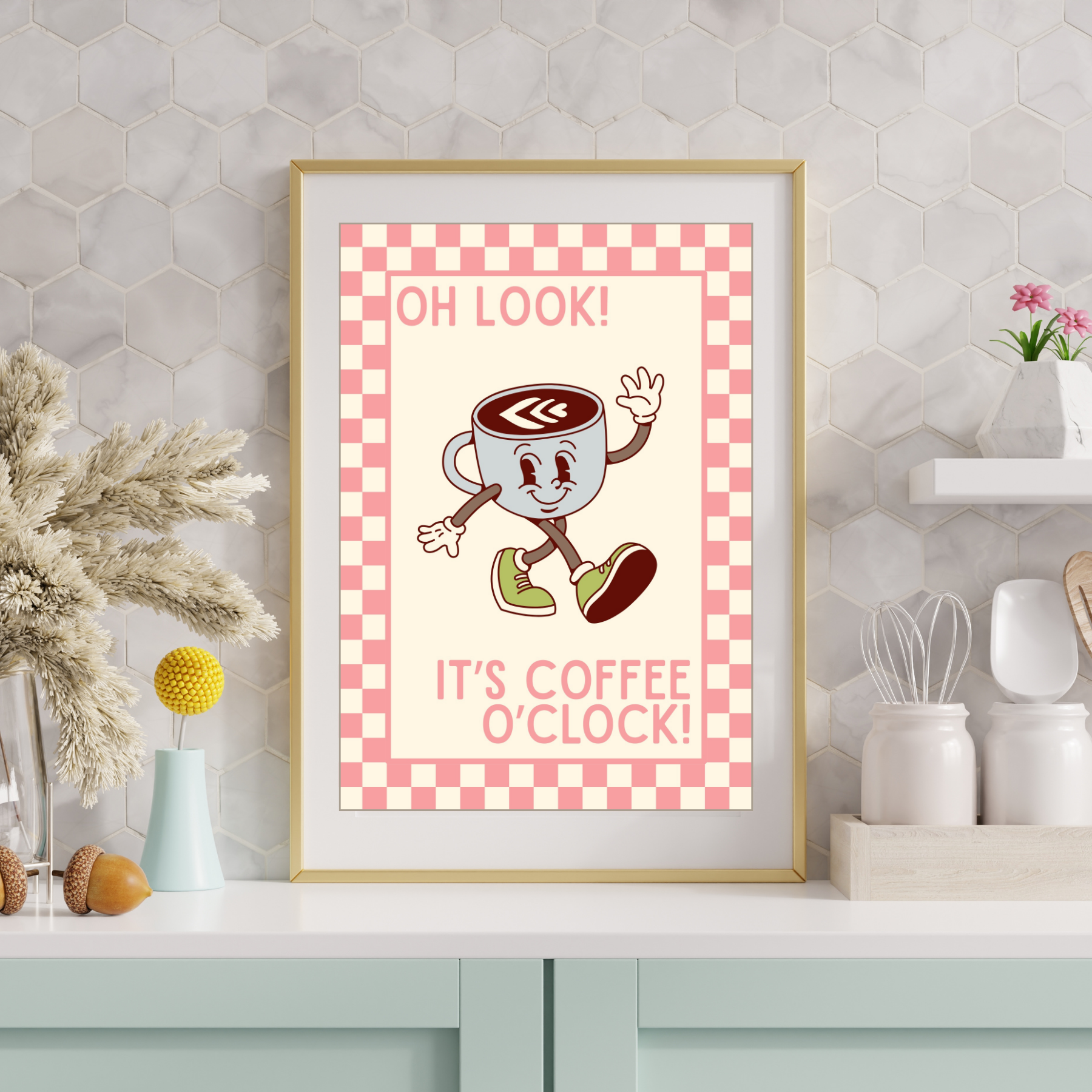 Coffee o'clock | Kitsch Kitchen checkerboard pastels collection print