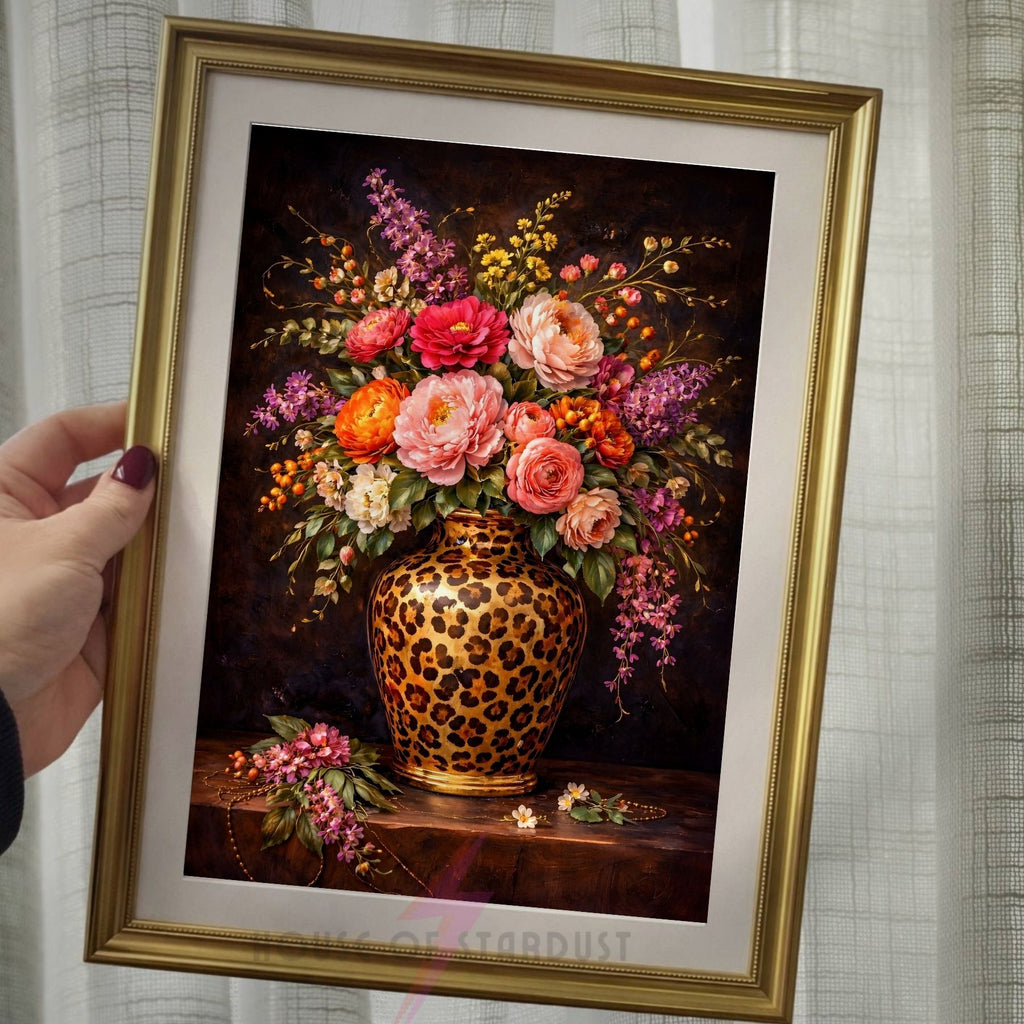 Luxury Leopard Print dark Floral Vase Wall Art – Vibrant Home Décor Poster | Maximalist A4 A3 A5 A1 A2