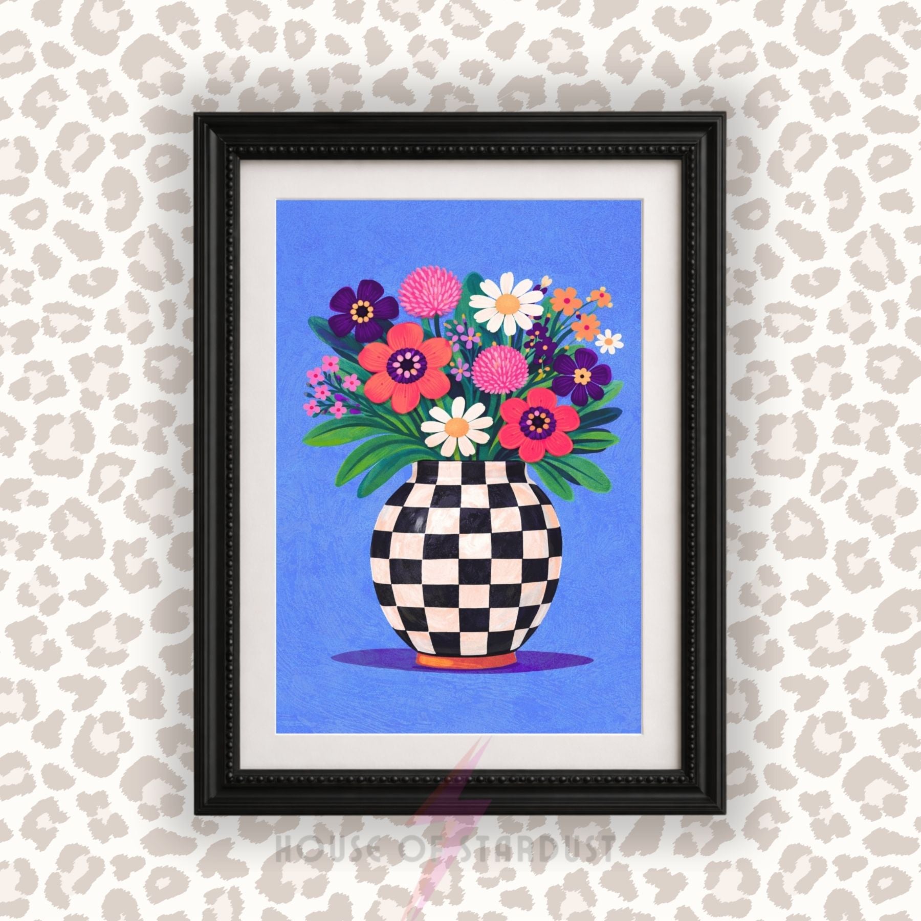 Blue Floral Vase Wall Art Print | Checkerboard Vase Artwork | Colourful Botanical Home Decor | Maximalist Flower Poster A4 A3 A5 A1 A2
