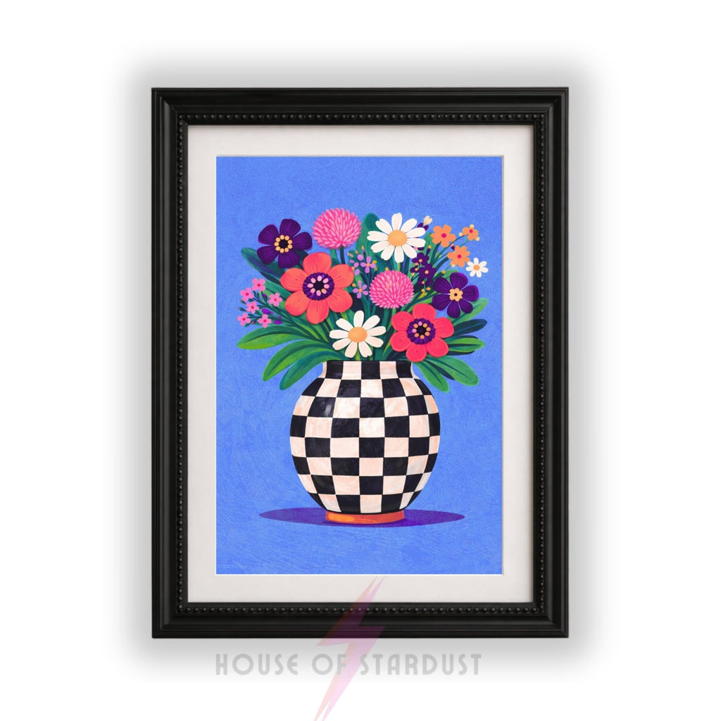 Blue Floral Vase Wall Art Print | Checkerboard Vase Artwork | Colourful Botanical Home Decor | Maximalist Flower Poster A4 A3 A5 A1 A2