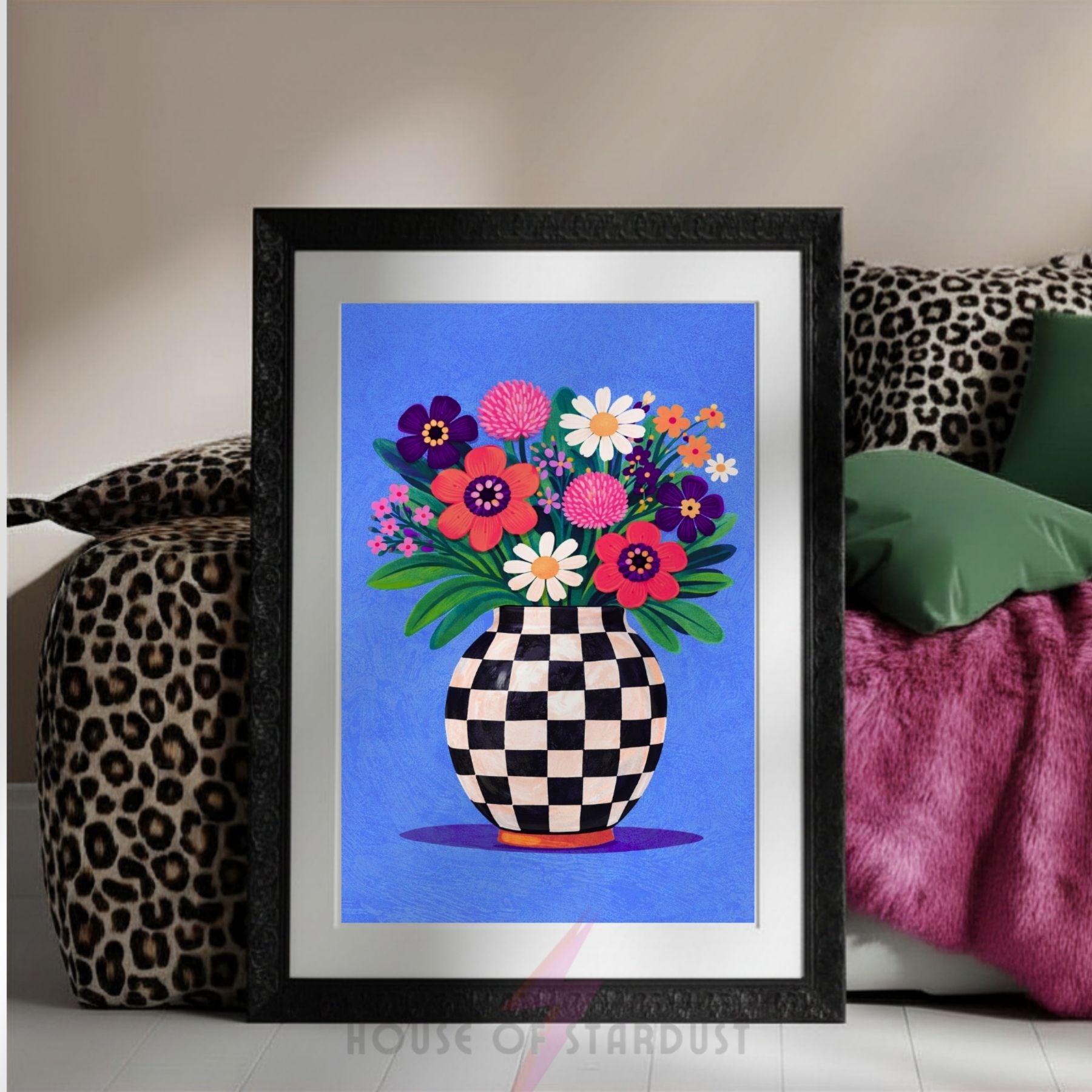 Blue Floral Vase Wall Art Print | Checkerboard Vase Artwork | Colourful Botanical Home Decor | Maximalist Flower Poster A4 A3 A5 A1 A2