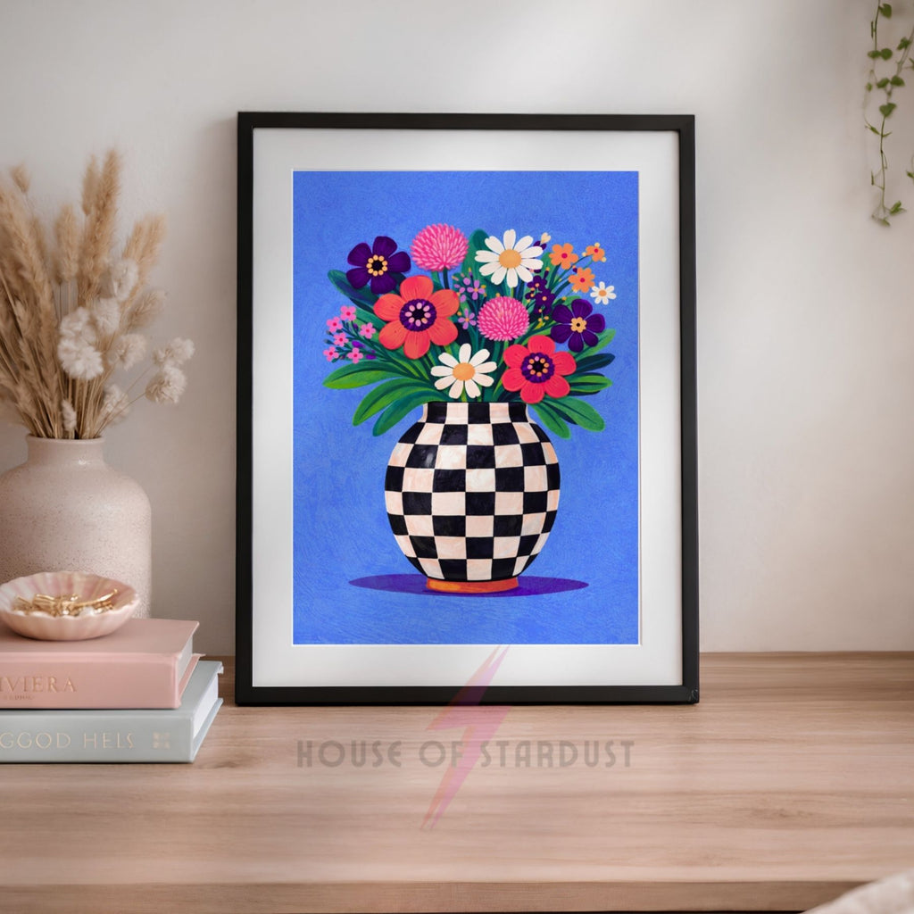 Blue Floral Vase Wall Art Print | Checkerboard Vase Artwork | Colourful Botanical Home Decor | Maximalist Flower Poster A4 A3 A5 A1 A2