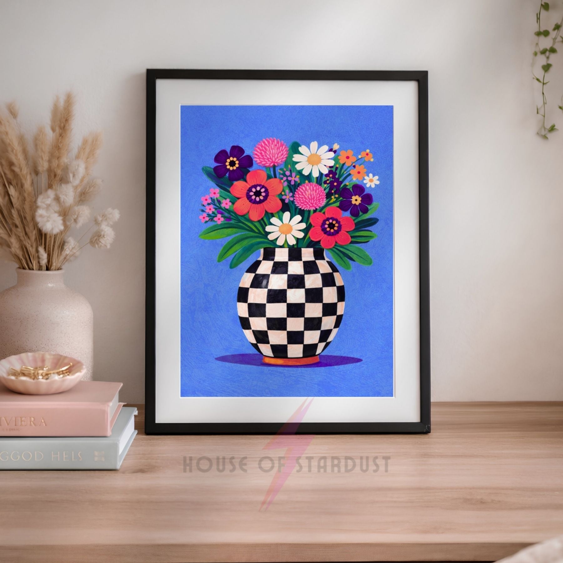 Blue Floral Vase Wall Art Print | Checkerboard Vase Artwork | Colourful Botanical Home Decor | Maximalist Flower Poster A4 A3 A5 A1 A2
