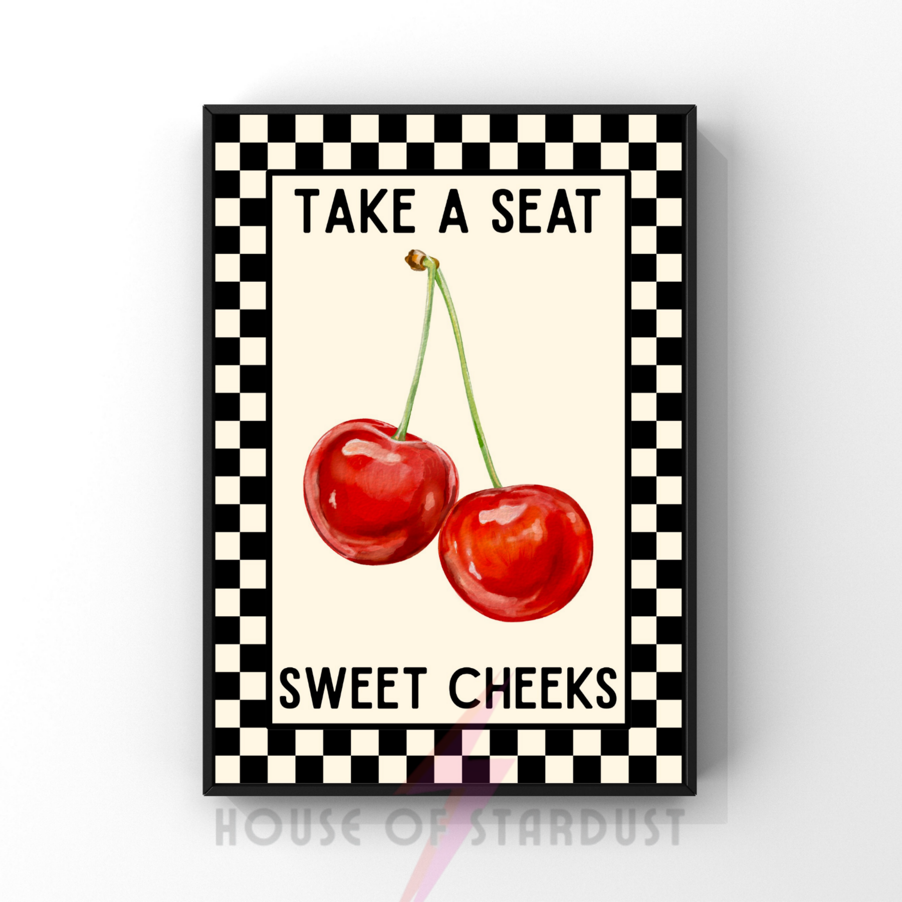 Take a seat sweet cheeks | cherries Kitsch Kitchen checkerboard retro collection print
