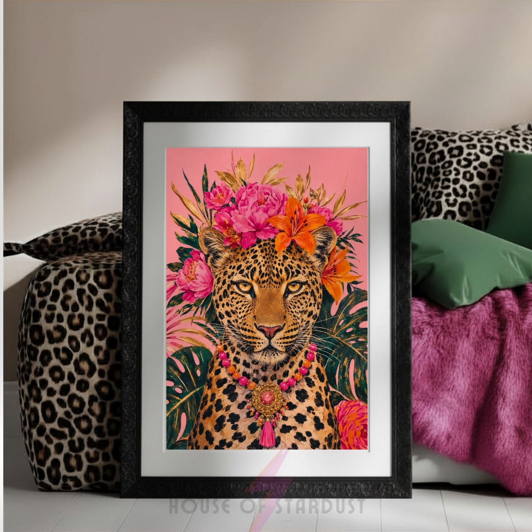 Leopard Wall Art Print | Colourful Tropical Animal Portrait | Maximalist Home Decor | A4 A3 A5 A1 A2