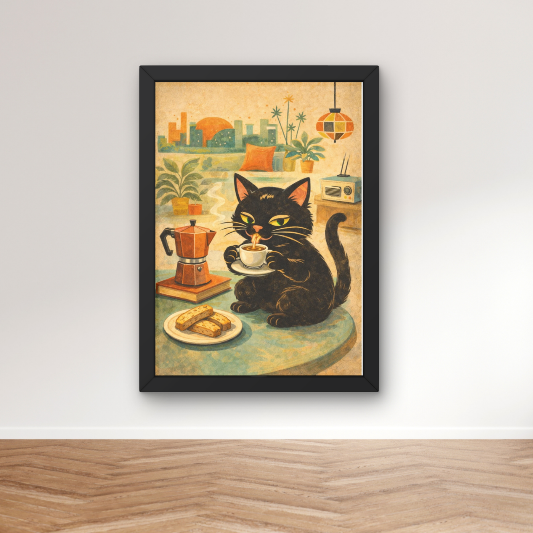 caffeine kitty  | Mid century cat Print