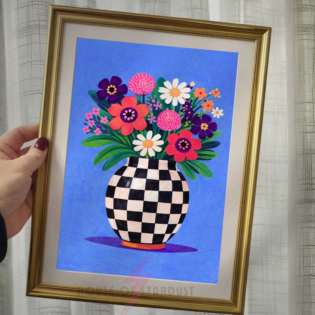 Blue Floral Vase Wall Art Print | Checkerboard Vase Artwork | Colourful Botanical Home Decor | Maximalist Flower Poster A4 A3 A5 A1 A2