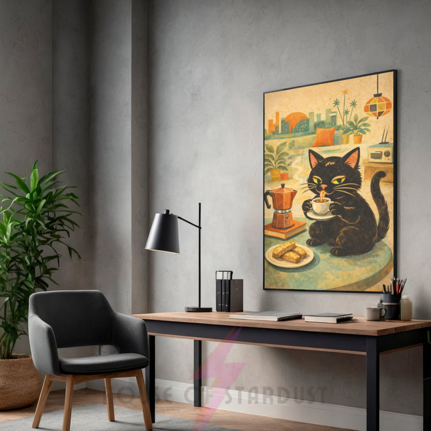 caffeine kitty  | Mid century cat Print