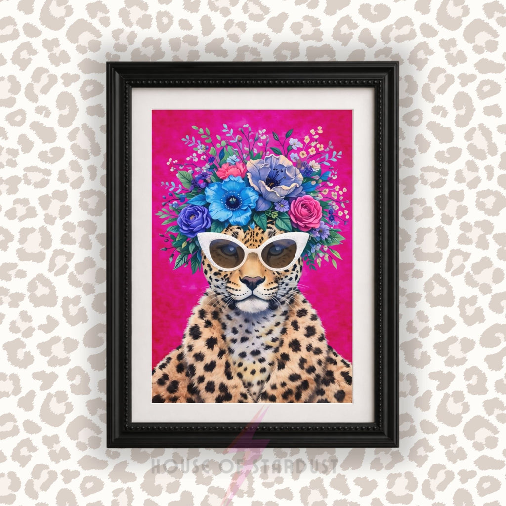 Leopard with Sunglasses Wall Art | Colorful Floral Animal Print | Bold Home Decor | Maximalist Flower Poster A4 A3 A5 A1 A2