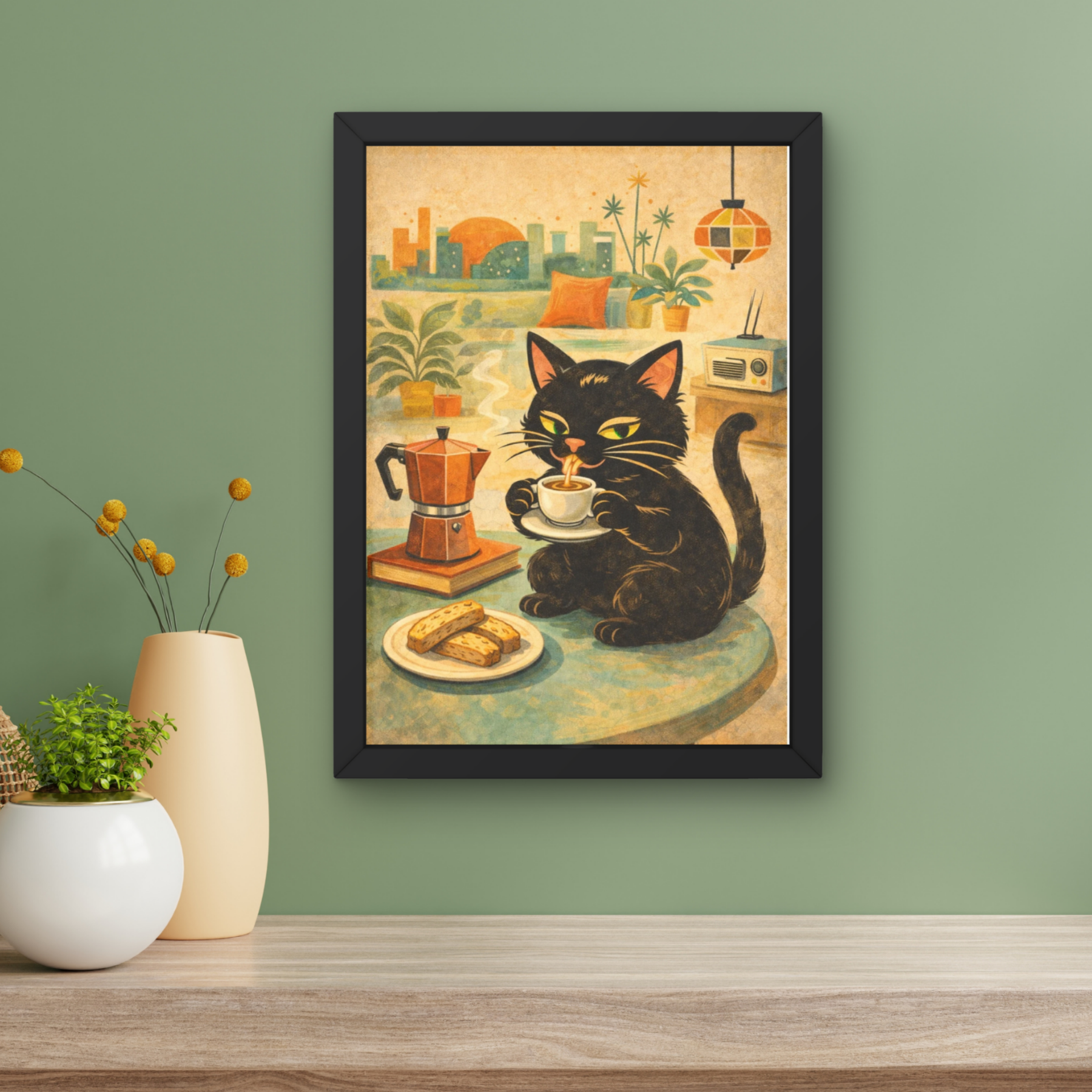 caffeine kitty  | Mid century cat Print