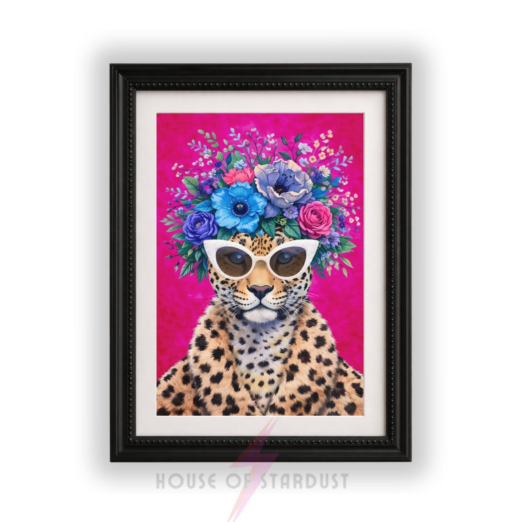 Leopard with Sunglasses Wall Art | Colorful Floral Animal Print | Bold Home Decor | Maximalist Flower Poster A4 A3 A5 A1 A2