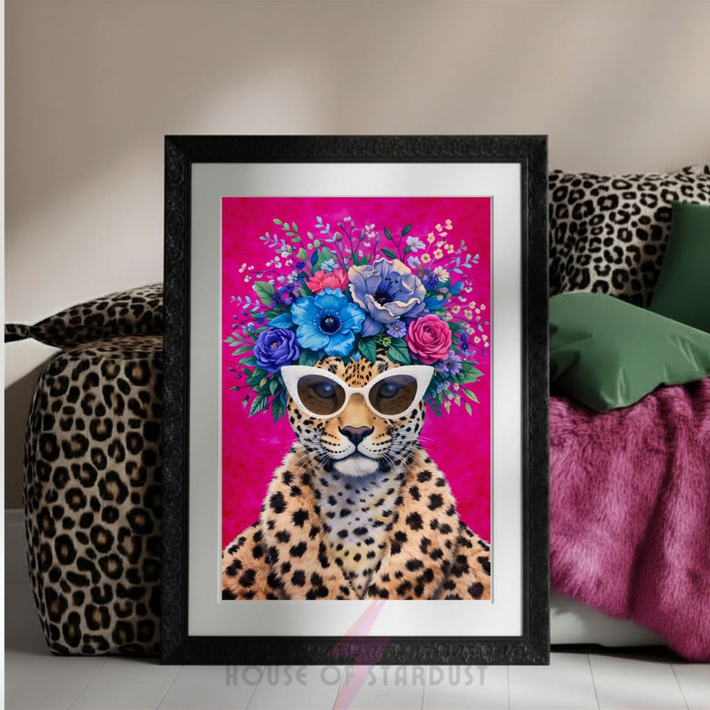 Leopard with Sunglasses Wall Art | Colorful Floral Animal Print | Bold Home Decor | Maximalist Flower Poster A4 A3 A5 A1 A2