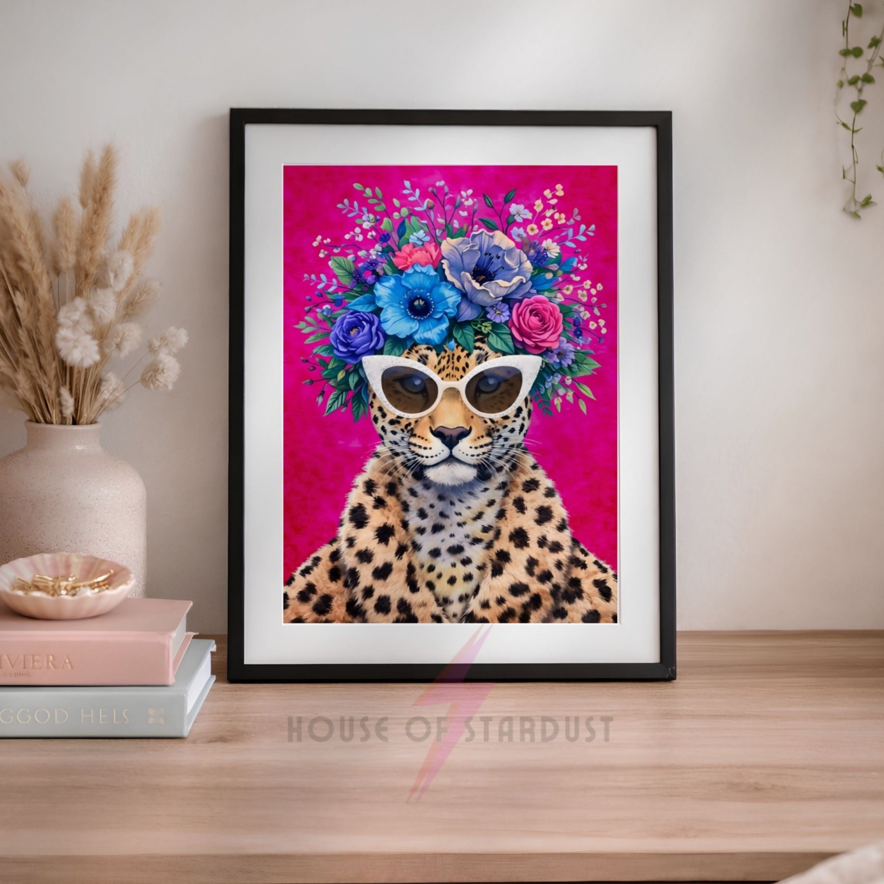 Leopard with Sunglasses Wall Art | Colorful Floral Animal Print | Bold Home Decor | Maximalist Flower Poster A4 A3 A5 A1 A2