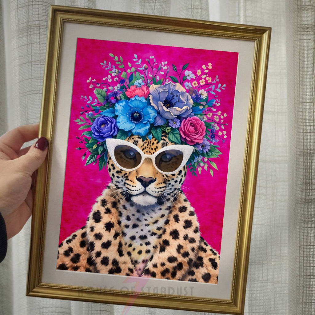 Leopard with Sunglasses Wall Art | Colorful Floral Animal Print | Bold Home Decor | Maximalist Flower Poster A4 A3 A5 A1 A2
