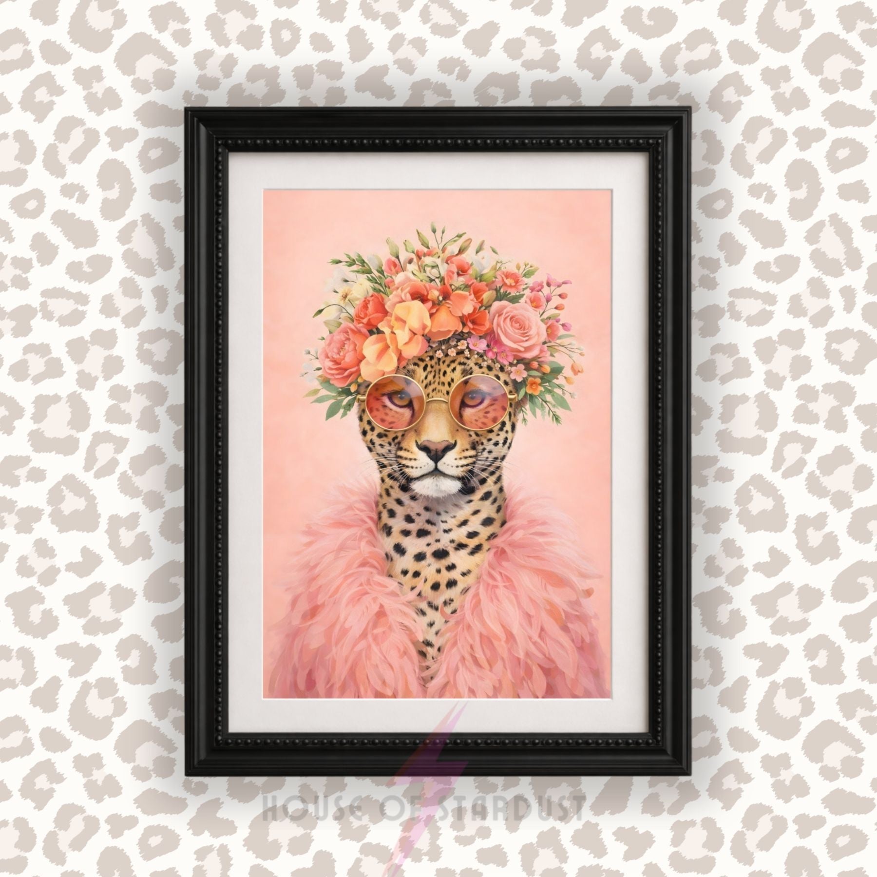 Glam Leopard Wall Art Print | Pink Floral Animal Artwork | Coquette Decor | Maximalist Flower Poster A4 A3 A5 A1 A2