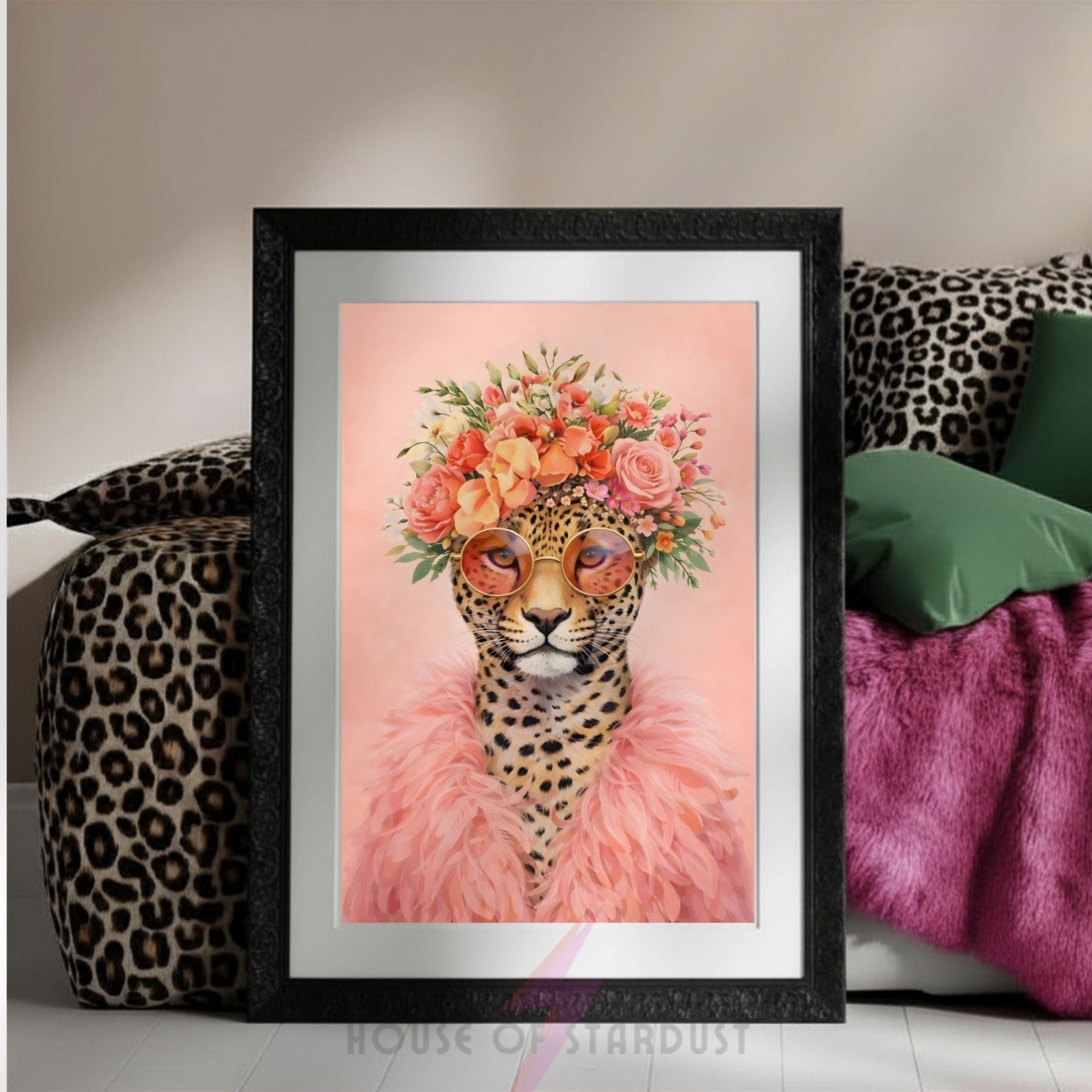 Glam Leopard Wall Art Print | Pink Floral Animal Artwork | Coquette Decor | Maximalist Flower Poster A4 A3 A5 A1 A2