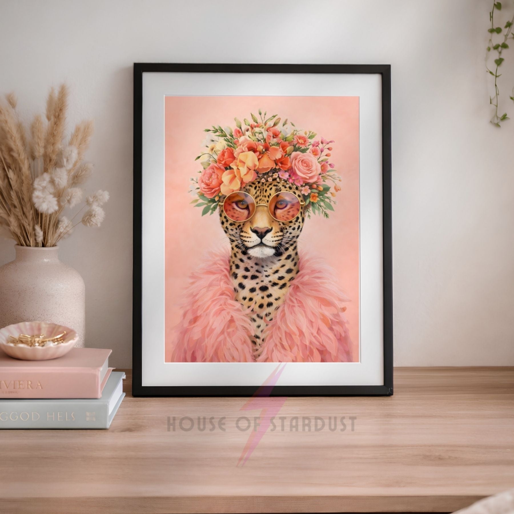 Glam Leopard Wall Art Print | Pink Floral Animal Artwork | Coquette Decor | Maximalist Flower Poster A4 A3 A5 A1 A2