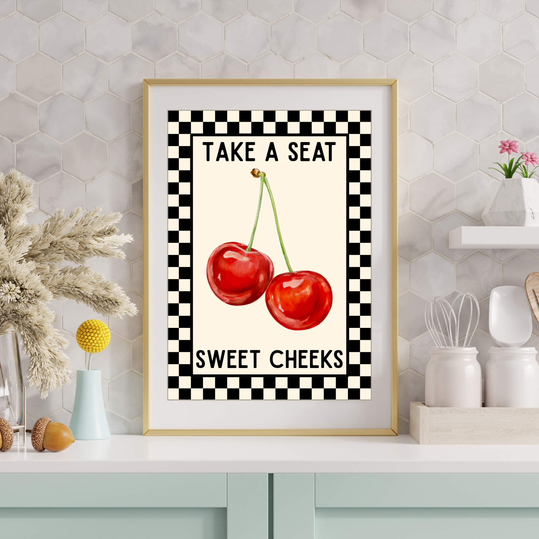 Take a seat sweet cheeks | cherries Kitsch Kitchen checkerboard retro collection print
